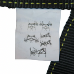 Close up of instruction tag on the bungee harness.