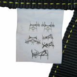 Close up of instruction tag on the bungee harness.
