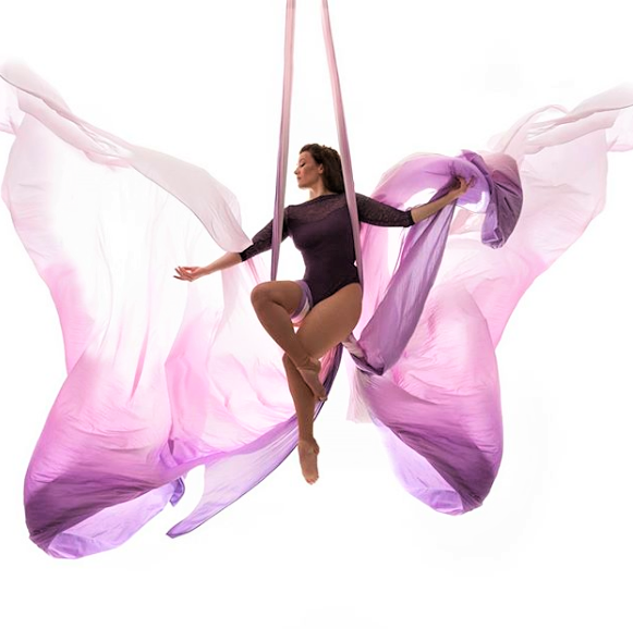 Woman on Purple Ombre Aerial Silks