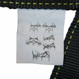 Close up of instruction tag on the bungee harness. 