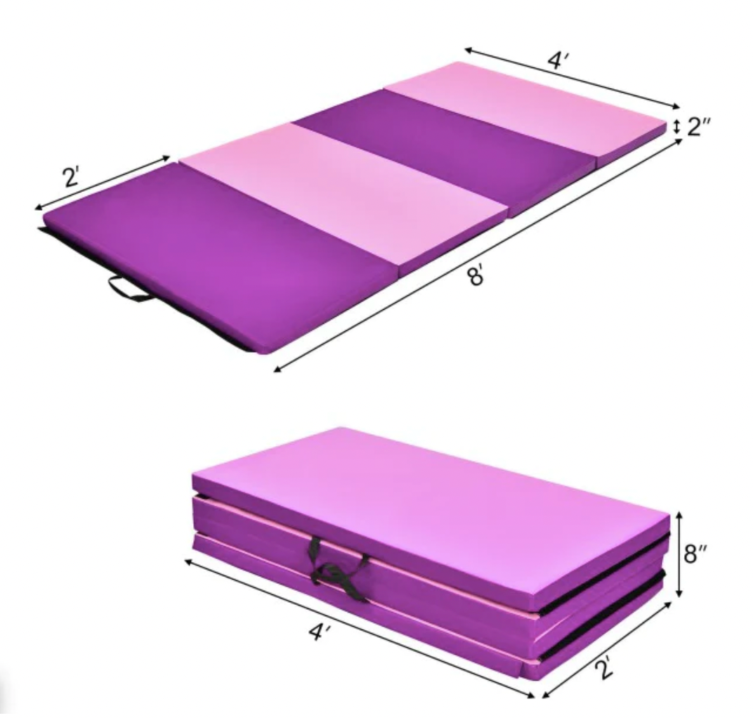 Pink and purple foldable exercise mat in two positions: 1. Laid flat. 2. Stacked.