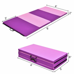 Pink and purple foldable exercise mat in two positions: 1. Laid flat. 2. Stacked.