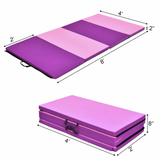 Pink and purple foldable exercise mat in two positions: 1. Laid flat. 2. Stacked.