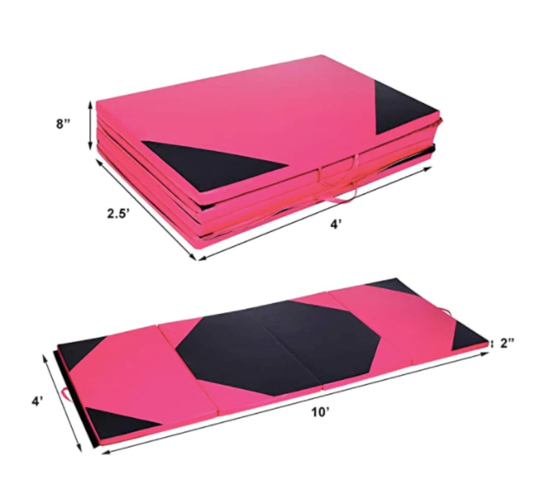 A thick folding exercise mat displayed folded and unfolded.