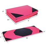 A thick folding exercise mat displayed folded and unfolded.