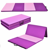 Pink and purple portable exercise mat in three positions: 1. Laid flat. 2. Stacked. 3. Two panels flat with two panels folded.