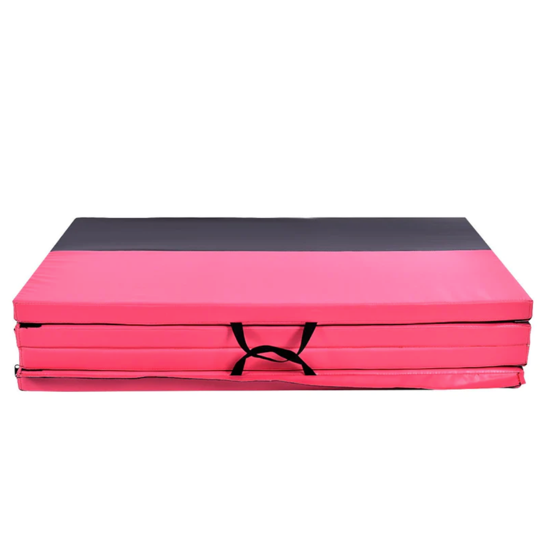 Pink and black folded exercise mat.